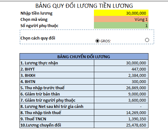 mẫu excel quy đổi lương net-gross