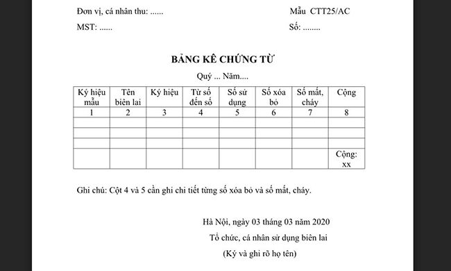 Tải về mẫu bảng kê CTT25/AC: Báo cáo sử dụng chứng từ khấu trừ Thuế TNCN