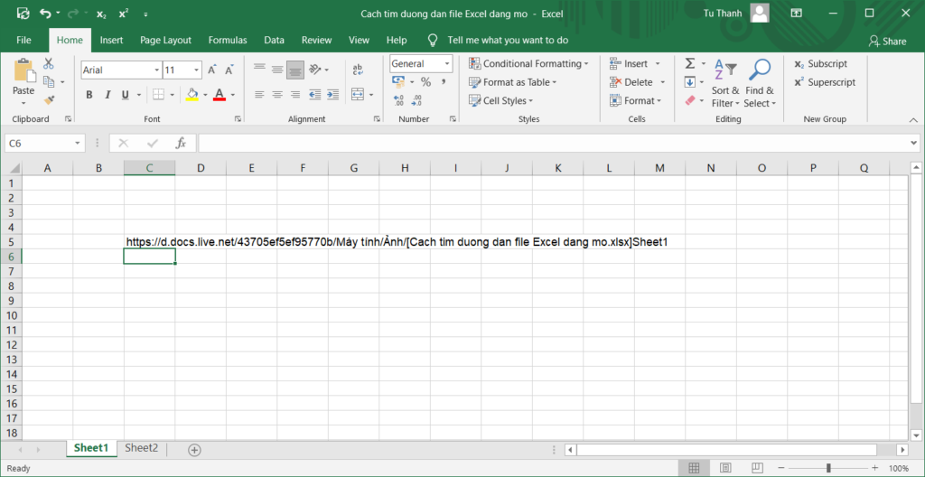 Cách tìm đường dẫn, thư mục chứa file Excel đang mở