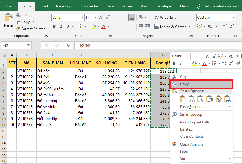 Cách copy giá trị trong Excel