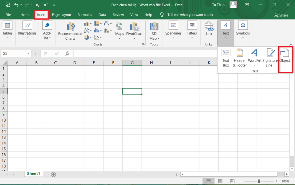 Cách chèn tài liệu Word vào trong file Excel