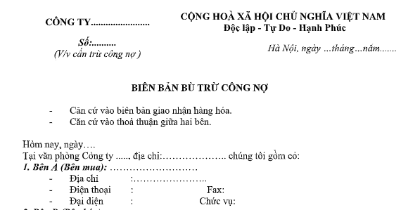 Mời bạn đọc tải về miễn phí mẫu biên bản đối trừ công nợ