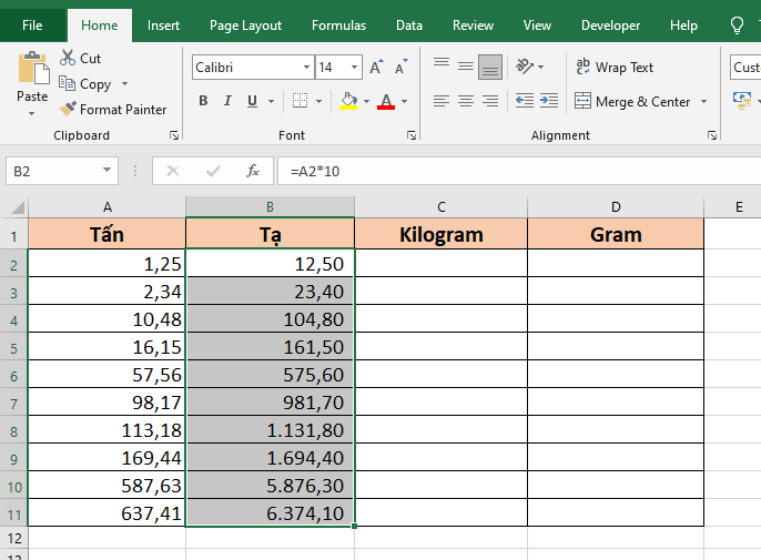 Cách quy đổi khối lượng tấn, tạ sang kilogram, gram trong Excel