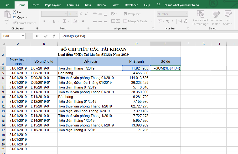 Cách tính tổng lũy kế trong Excel