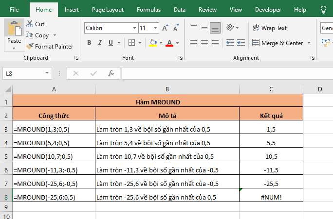 Cách sử dụng hàm MROUND để làm tròn số đến 0.5