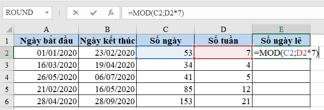 Cách tính số tuần, số ngày lẻ trong tuần giữa 2 mốc thời gian