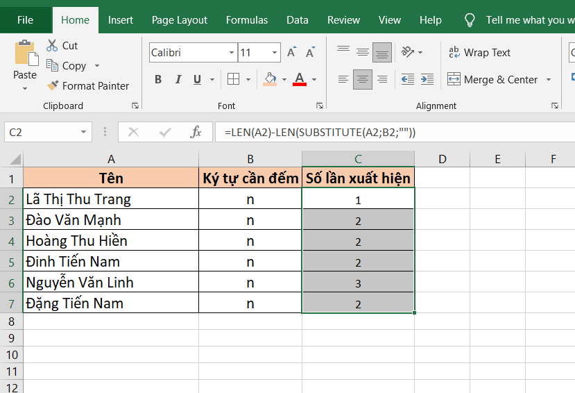 Cách đếm số lần xuất hiện của 1 ký tự trong Excel