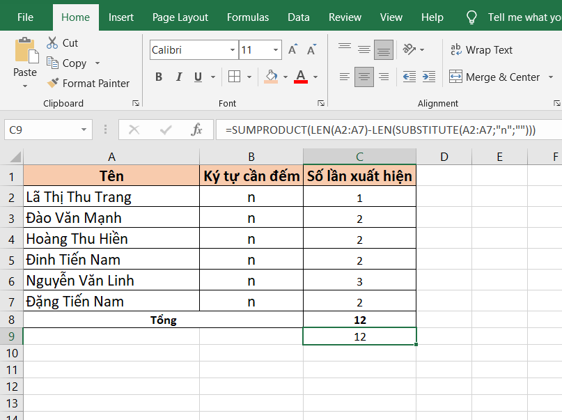 Cách đếm số lần xuất hiện của 1 ký tự trong Excel