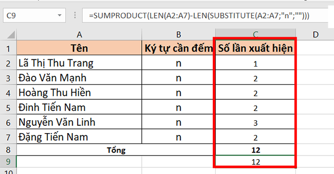 Cách đếm số lần xuất hiện của 1 ký tự trong Excel