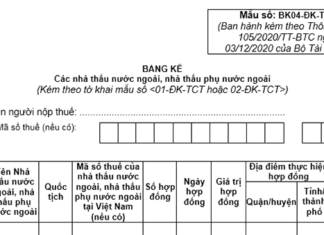 Tải về mẫu bảng kê đăng ký mã số thuế nhà thầu cho công ty nước ngoài